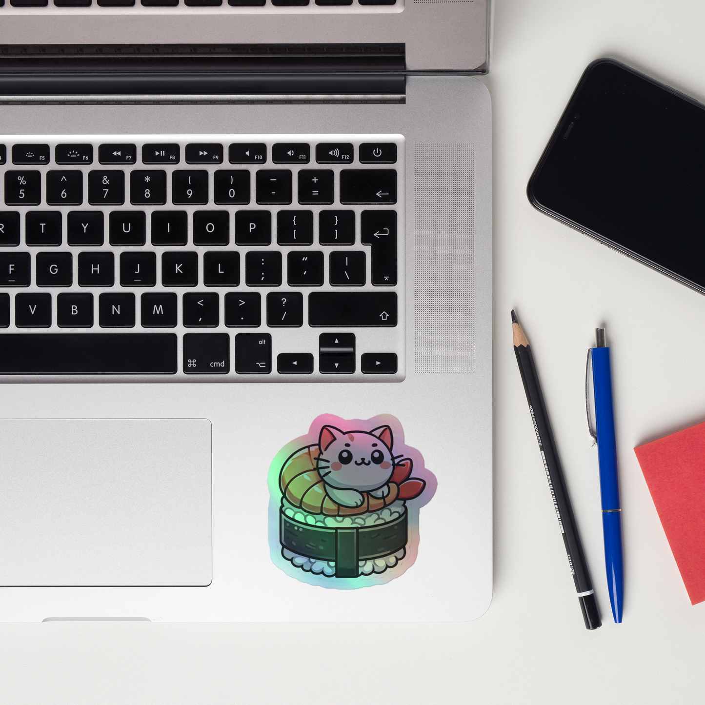 Holographic Sushi Cat Vinyl Sticker – Cute and Shiny for Cars, Laptops, and Water Bottles!