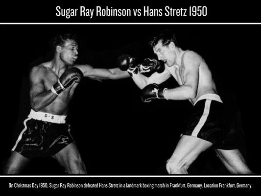 Exklusiver 24x18-Leinwanddruck mit Rahmen: Sugar Ray Robinson vs. Hans Stretz – Showdown am Weihnachtstag 1950 