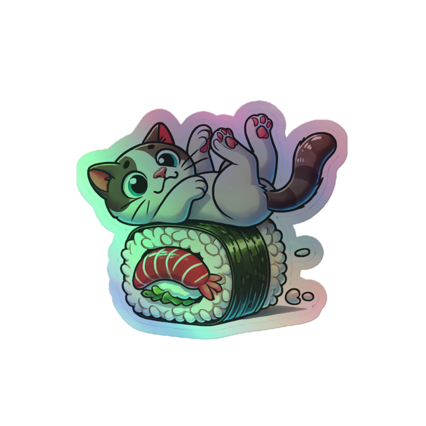 Holographic Rolling Sushi Cat Vinyl Sticker – Adorable for Notebooks, Water Bottles, and Laptops!