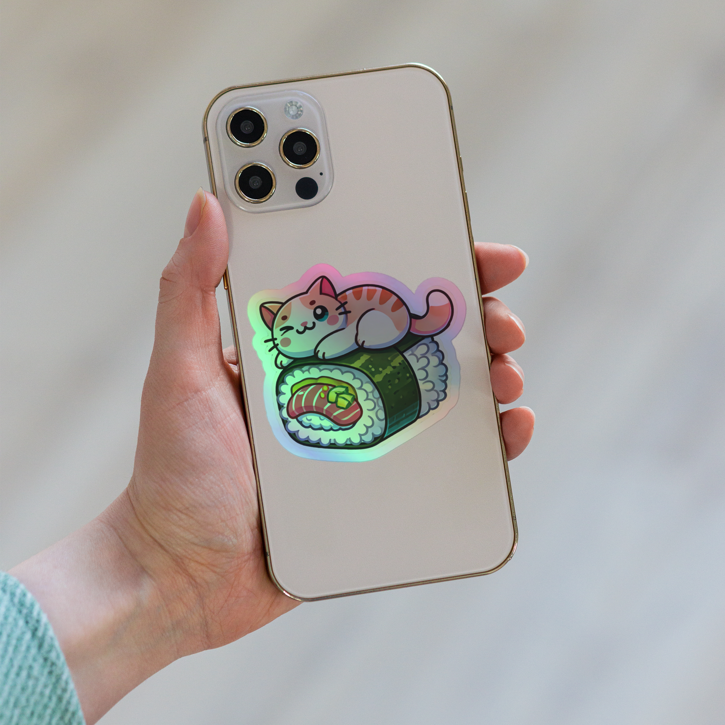 Vibrant Holographic Sushi Cat Sticker – Perfect for Laptop, Journal, and Water Bottle Décor!