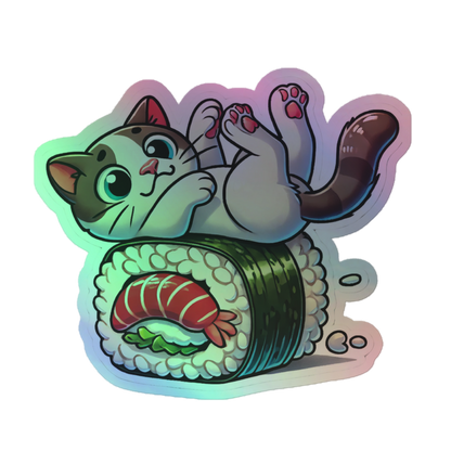 Holographic Rolling Sushi Cat Vinyl Sticker – Adorable for Notebooks, Water Bottles, and Laptops!