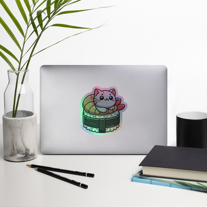 Holographic Sushi Cat Vinyl Sticker – Cute and Shiny for Cars, Laptops, and Water Bottles!