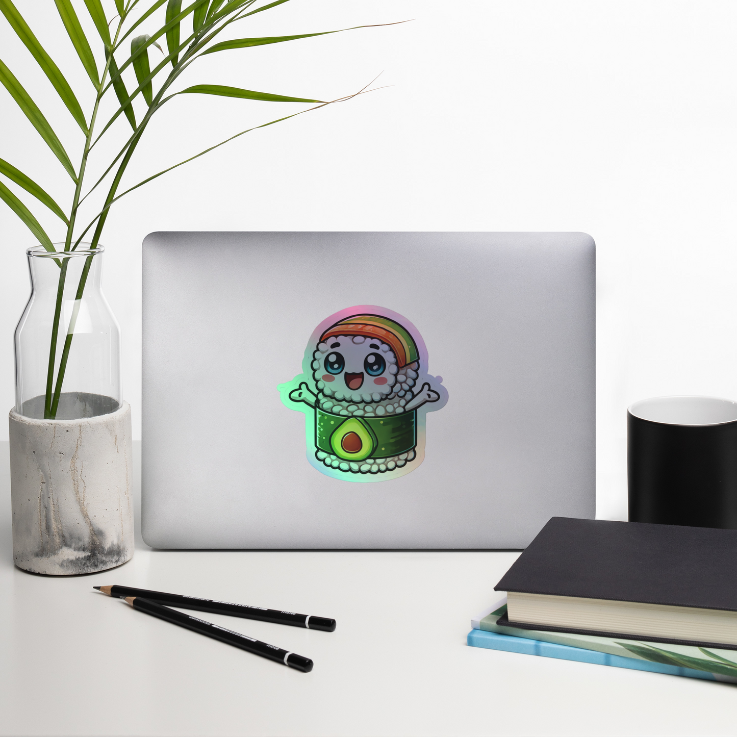 Holographic Sushi Roll with Avocado Vinyl Sticker – Adorable & Durable for Laptops, Water Bottles, and Journals