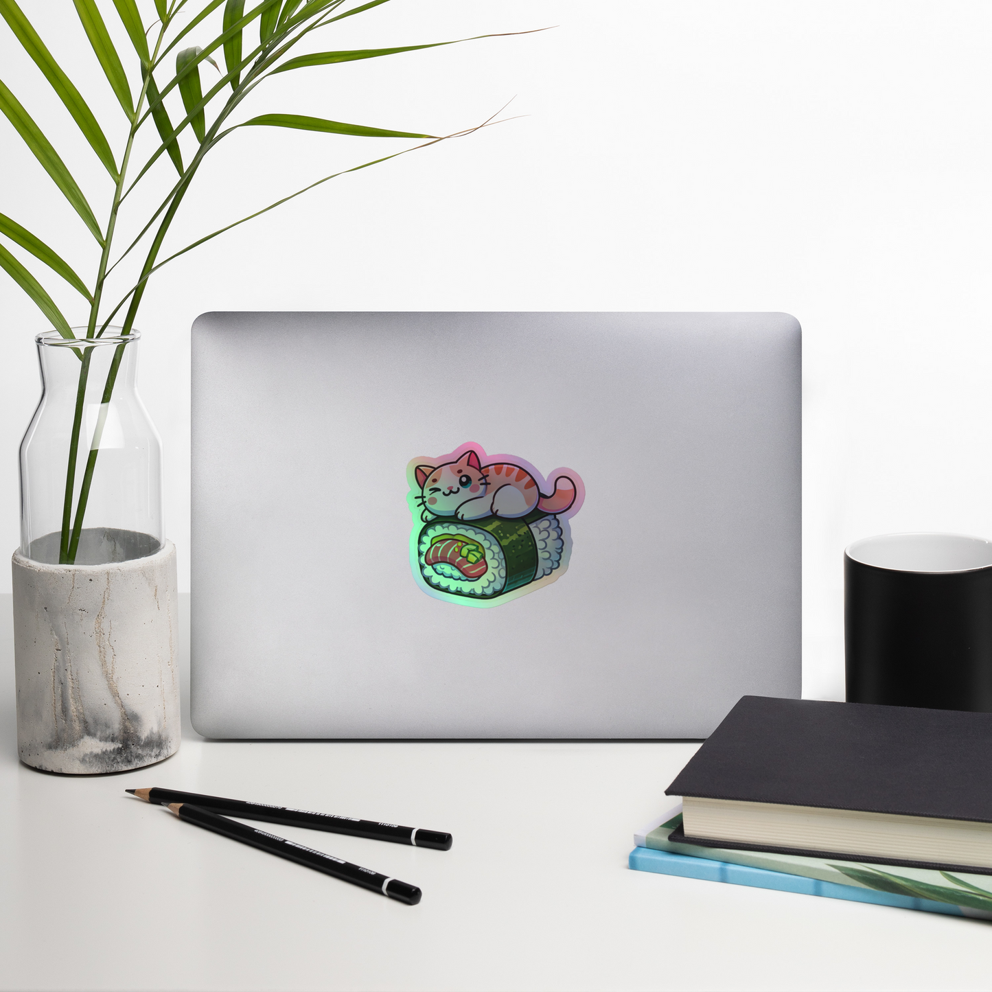 Vibrant Holographic Sushi Cat Sticker – Perfect for Laptop, Journal, and Water Bottle Décor! - luxlabellabs.com