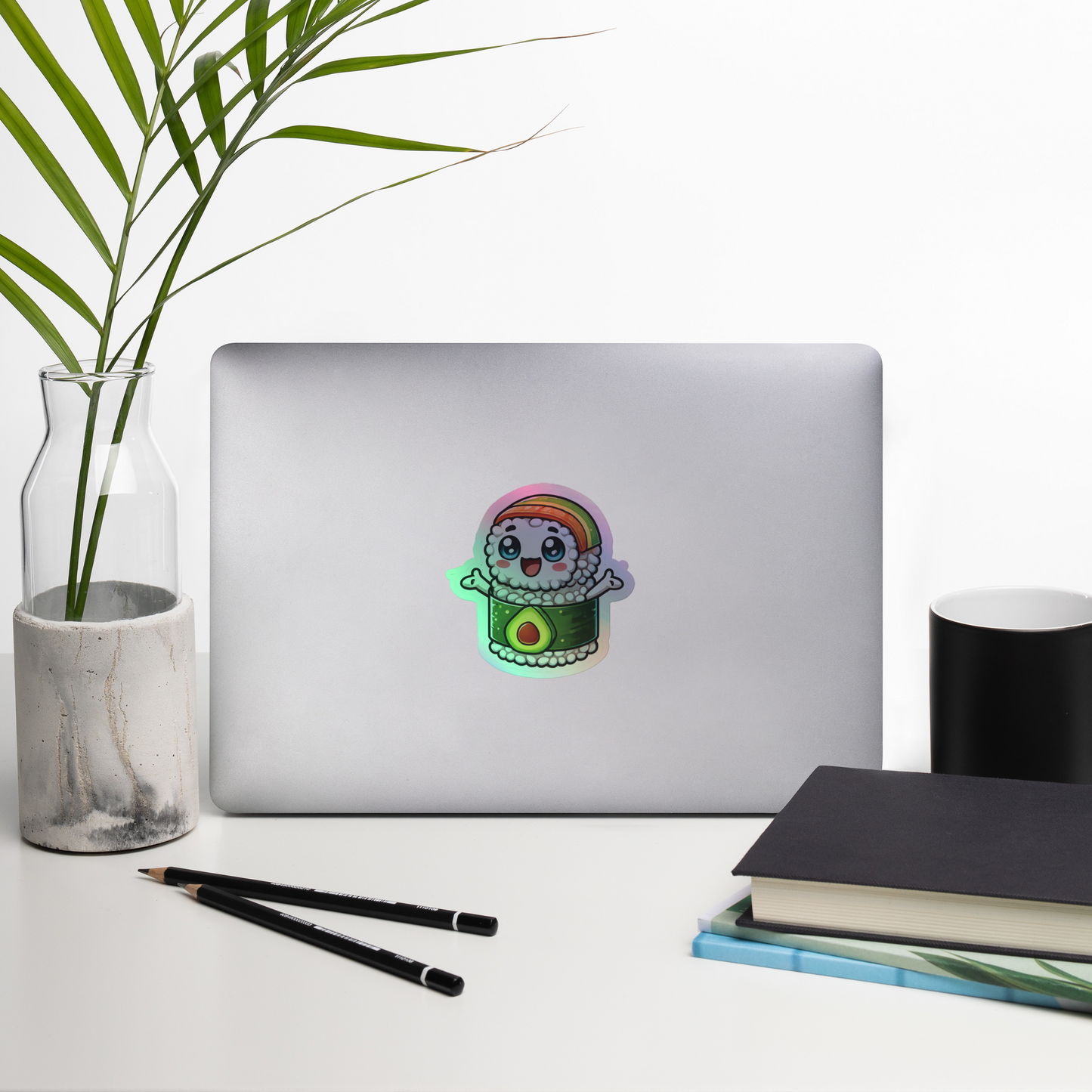 Holographic Sushi Roll with Avocado Vinyl Sticker – Adorable & Durable for Laptops, Water Bottles, and Journals