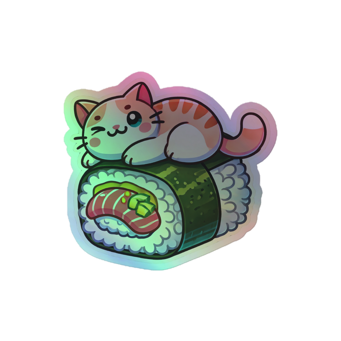 Vibrant Holographic Sushi Cat Sticker – Perfect for Laptop, Journal, and Water Bottle Décor! - luxlabellabs.com