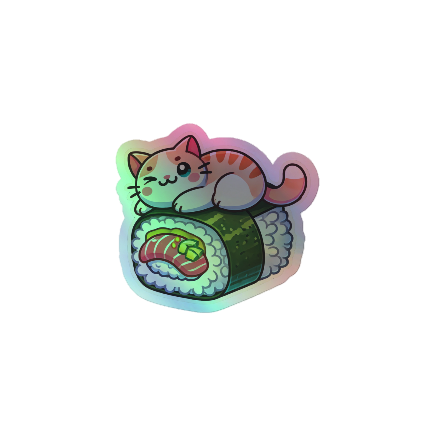 Vibrant Holographic Sushi Cat Sticker – Perfect for Laptop, Journal, and Water Bottle Décor!