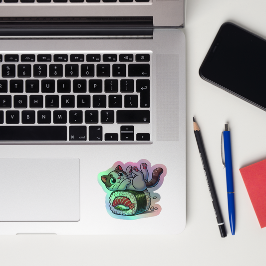 Holographic Rolling Sushi Cat Vinyl Sticker – Adorable for Notebooks, Water Bottles, and Laptops!