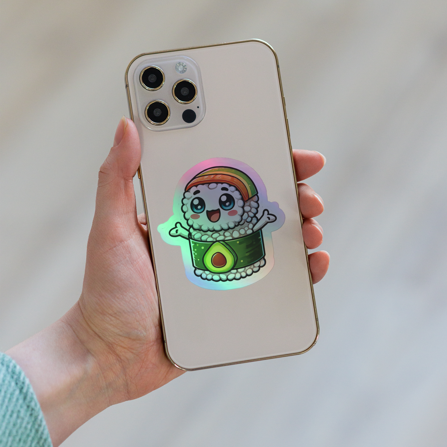 Holographic Sushi Roll with Avocado Vinyl Sticker – Adorable & Durable for Laptops, Water Bottles, and Journals