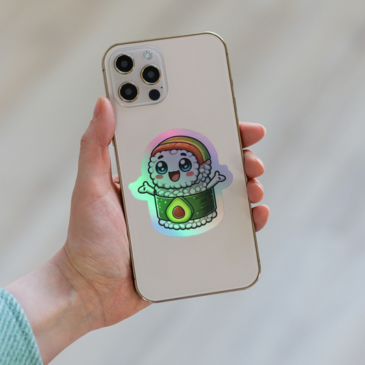 Holographic Sushi Roll with Avocado Vinyl Sticker – Adorable & Durable for Laptops, Water Bottles, and Journals