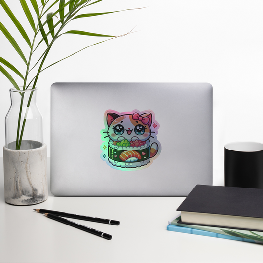 Holographic Kawaii Cat Sushi Vinyl Sticker – Cute, Shiny, and Perfect for Your Car or Water Bottle!