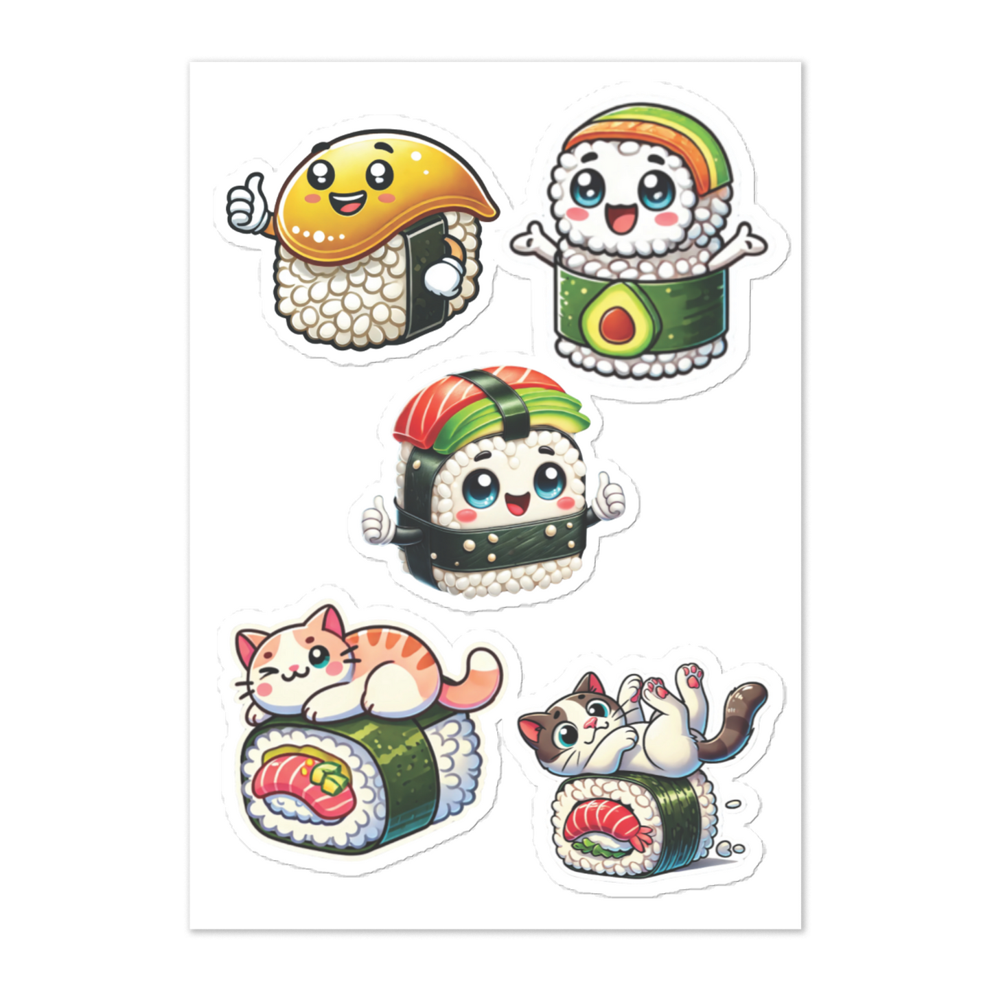 Kawaii Cat Sushi Sticker Sheet – Perfect for Laptops, Cars, and Windows (5.83” x 8.27”) - luxlabellabs.com