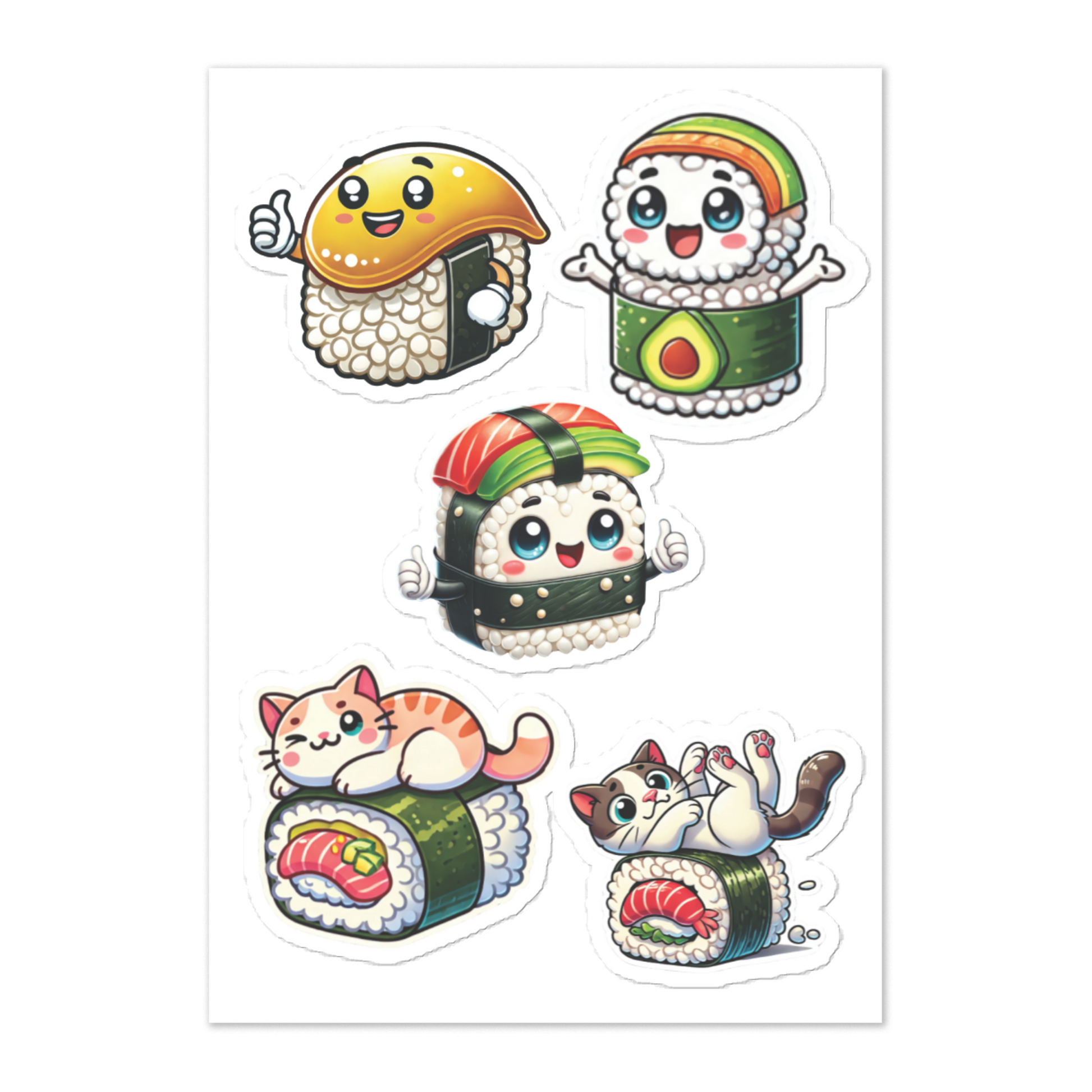 Kawaii Cat Sushi Sticker Sheet – Perfect for Laptops, Cars, and Windows (5.83” x 8.27”) - luxlabellabs.com