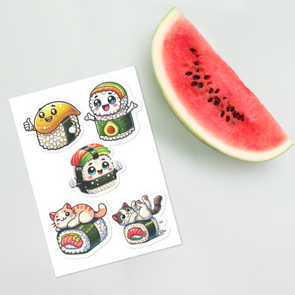 Kawaii Cat Sushi Sticker Sheet – Perfect for Laptops, Cars, and Windows (5.83” x 8.27”) - luxlabellabs.com