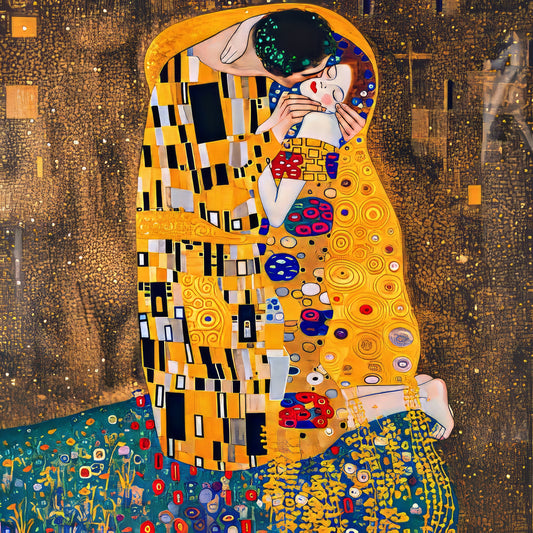 Modern interpretation of Klimt's The Kiss with abstract and mosaic elements-Lux-Label-Labs