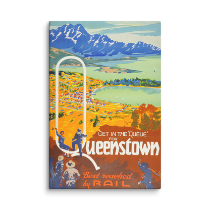 Queenstown Vintage Travel Poster New Zealand Rail Canvas Art (16" x 24") - luxlabellabs.com