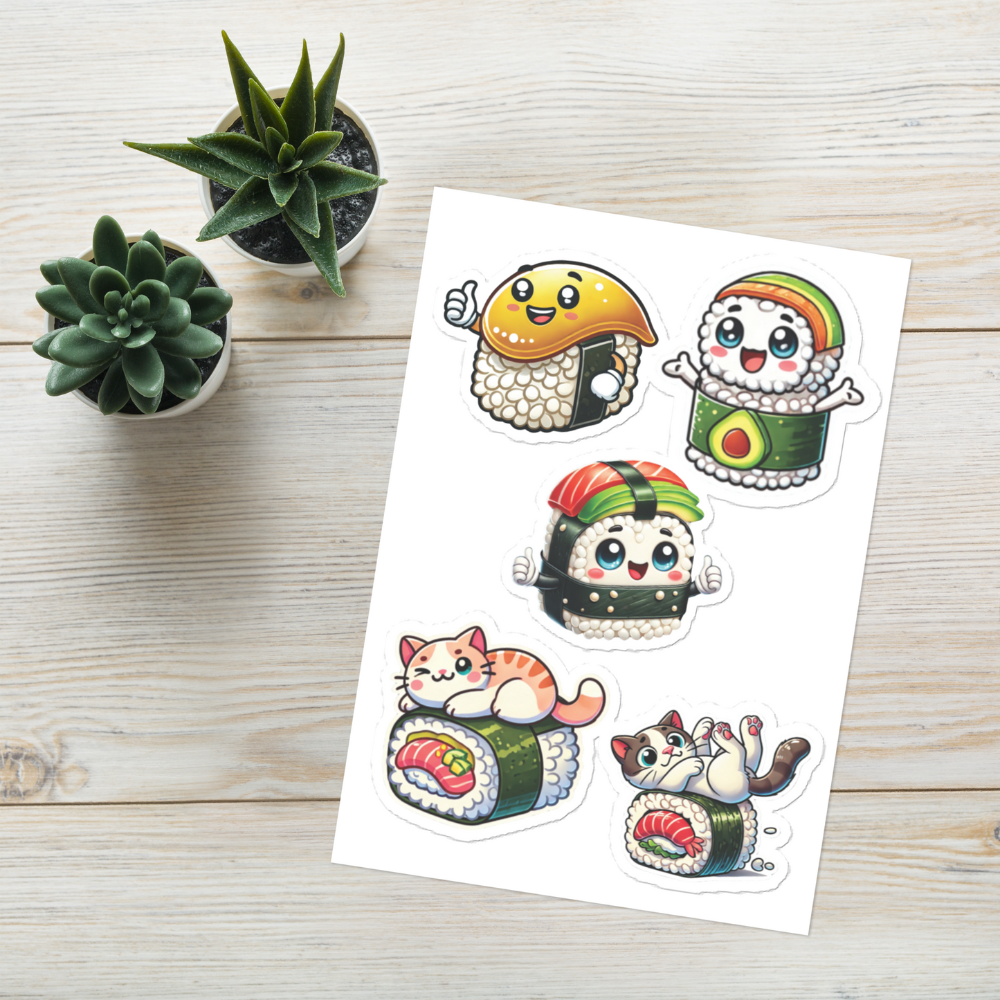 Kawaii Cat Sushi Sticker Sheet – Perfect for Laptops, Cars, and Windows (5.83” x 8.27”) - luxlabellabs.com