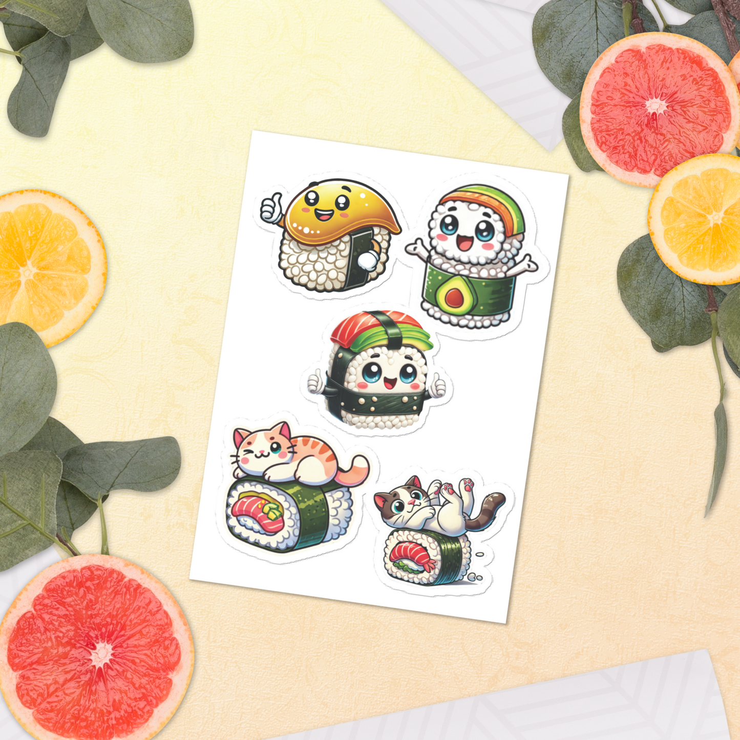 Kawaii Cat Sushi Sticker Sheet – Perfect for Laptops, Cars, and Windows (5.83” x 8.27”) - luxlabellabs.com