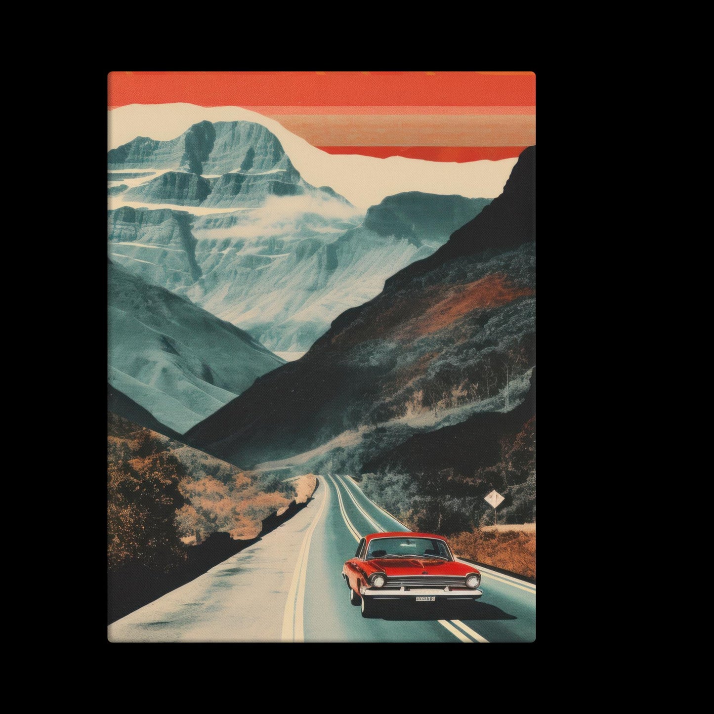 Retro Elegance on Canvas: Vintage Car in Mountainous Landscape | Boho Art Collection - luxlabellabs.com