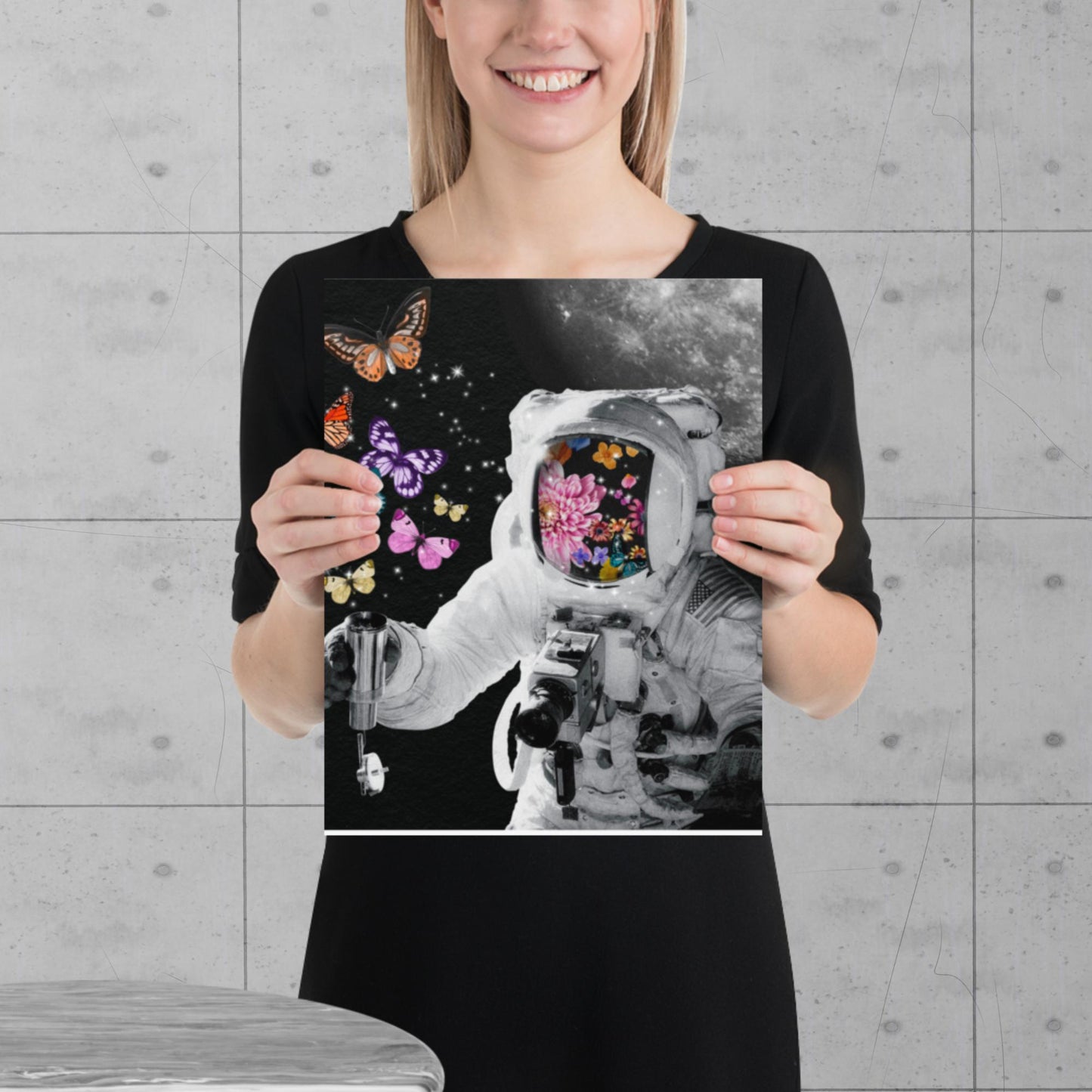 Limited Edition Cosmic Flutter Print - Astronaut Meets Butterfly Garden - luxlabellabs.com