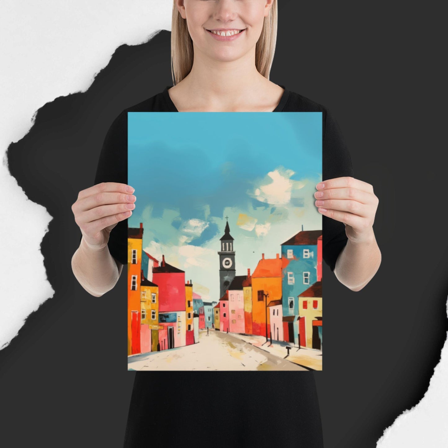 Sunny Streetscape: Vibrant Town Poster - A Must-Have for Your Space