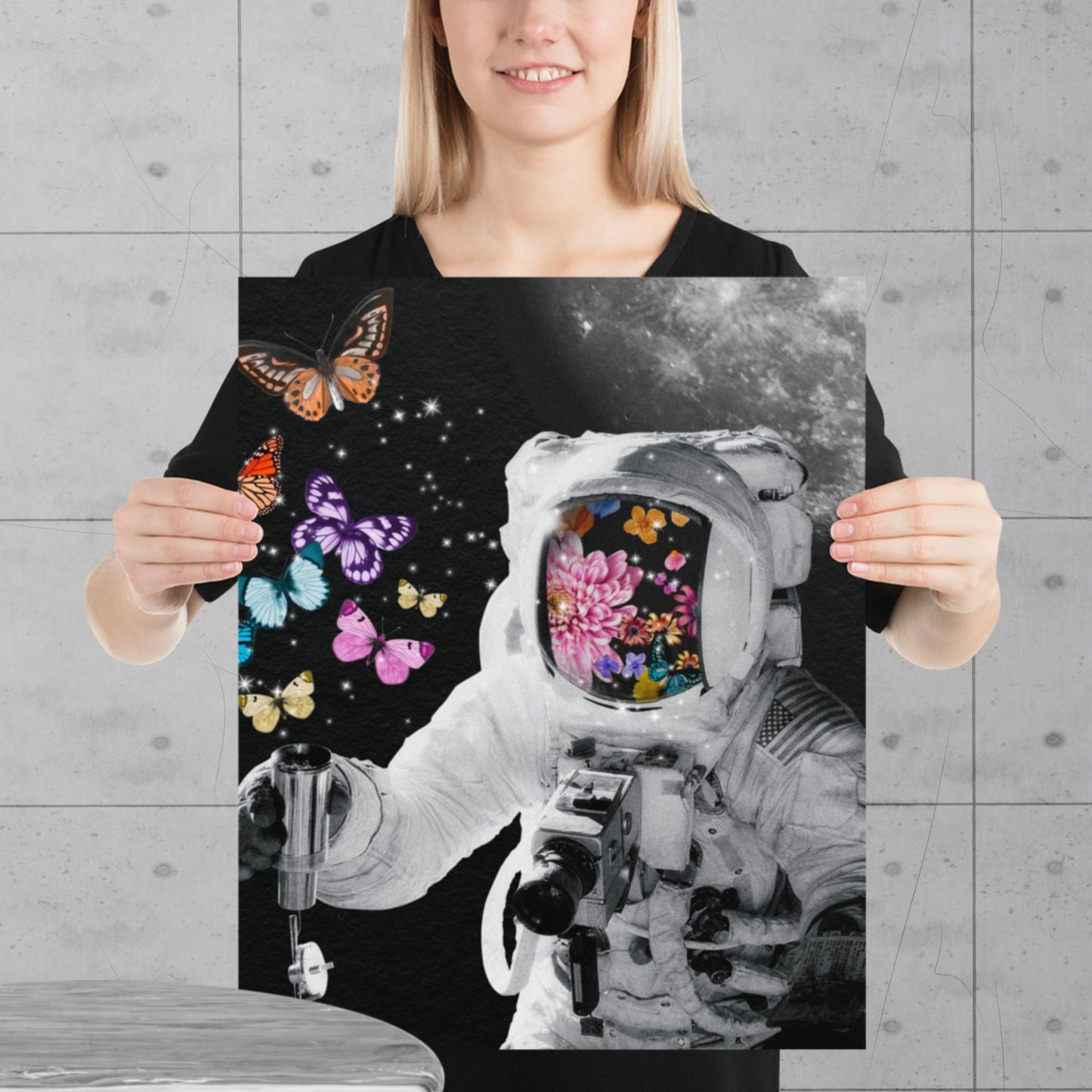 Limited Edition Cosmic Flutter Print - Astronaut Meets Butterfly Garden - luxlabellabs.com