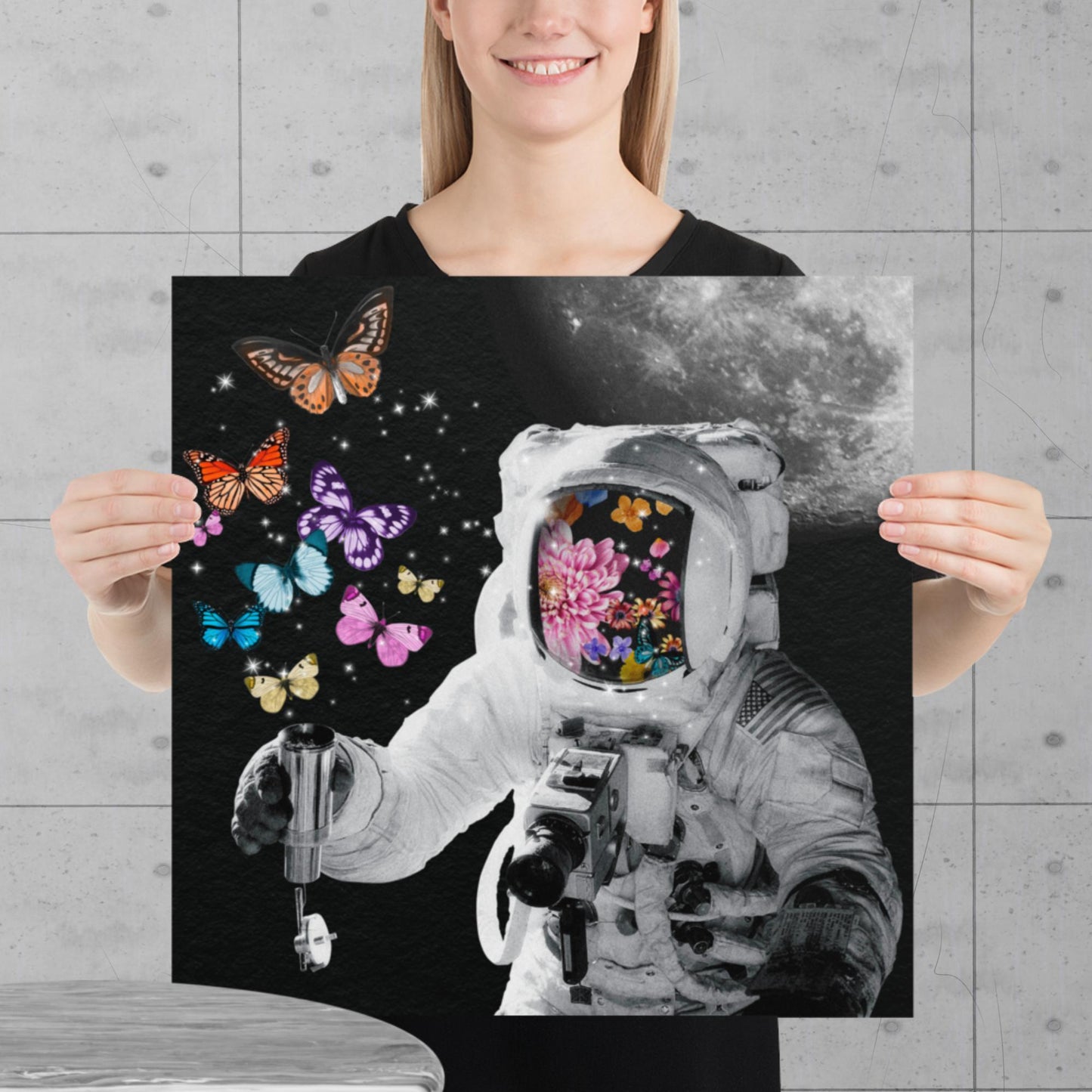 Limited Edition Cosmic Flutter Print - Astronaut Meets Butterfly Garden - luxlabellabs.com