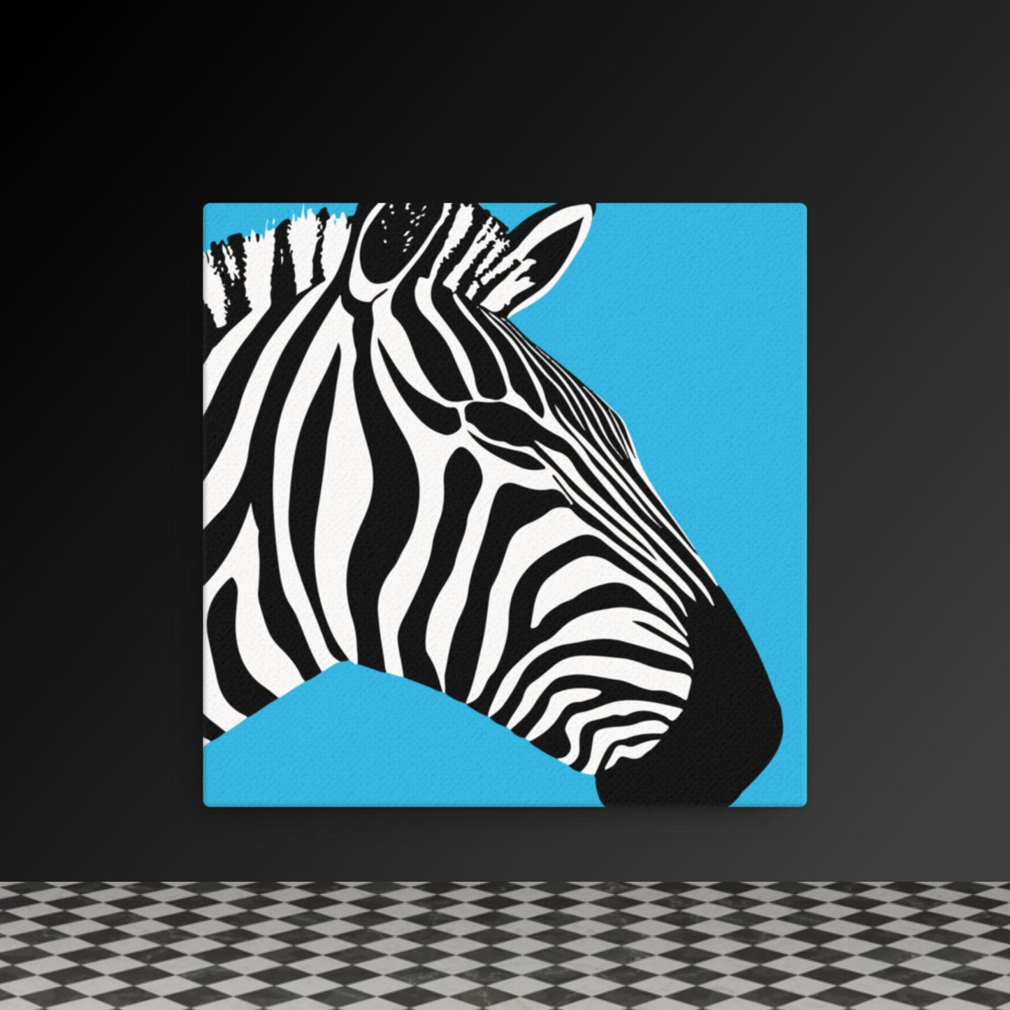 Bold Zebra Profile - Black & White Art on Vibrant Blue Canvas | Modern Wildlife Wall Art | Custom Sizes