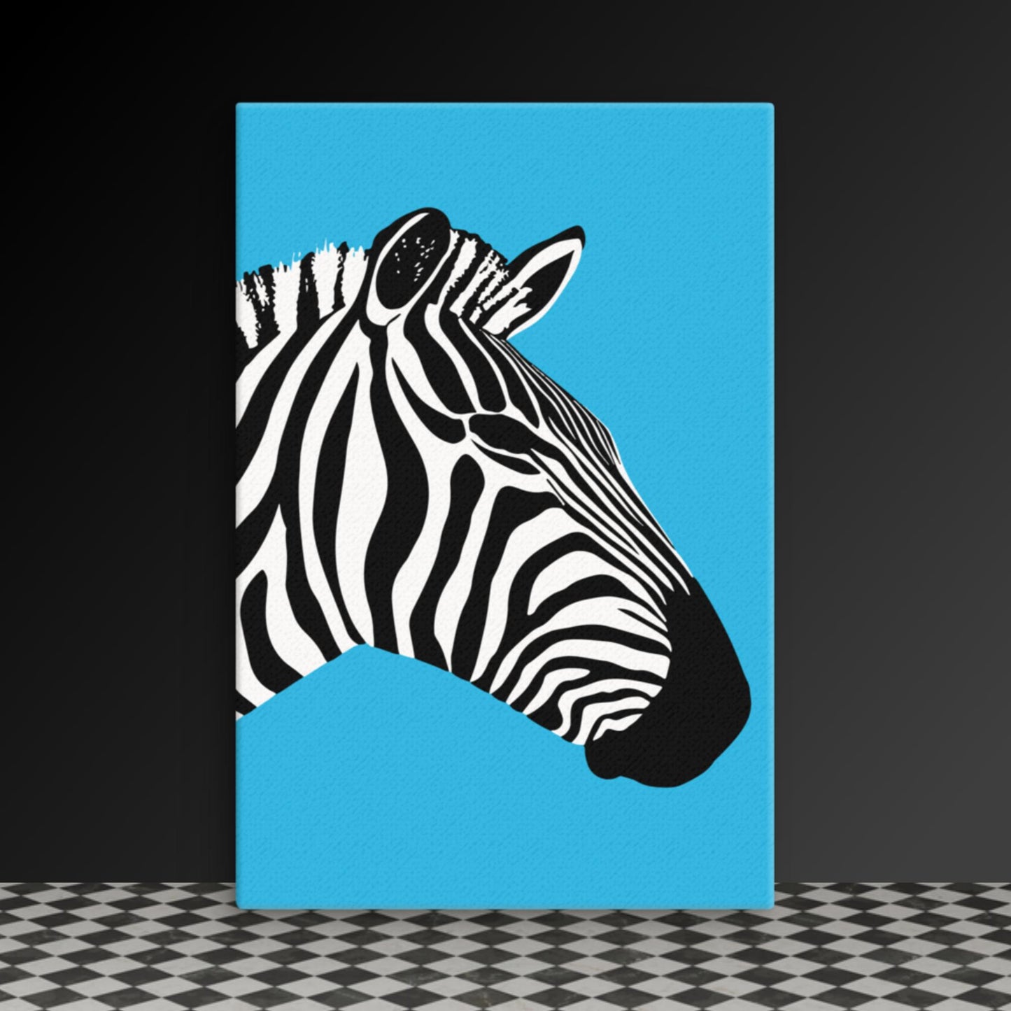 Bold Zebra Profile - Black & White Art on Vibrant Blue Canvas | Modern Wildlife Wall Art | Custom Sizes