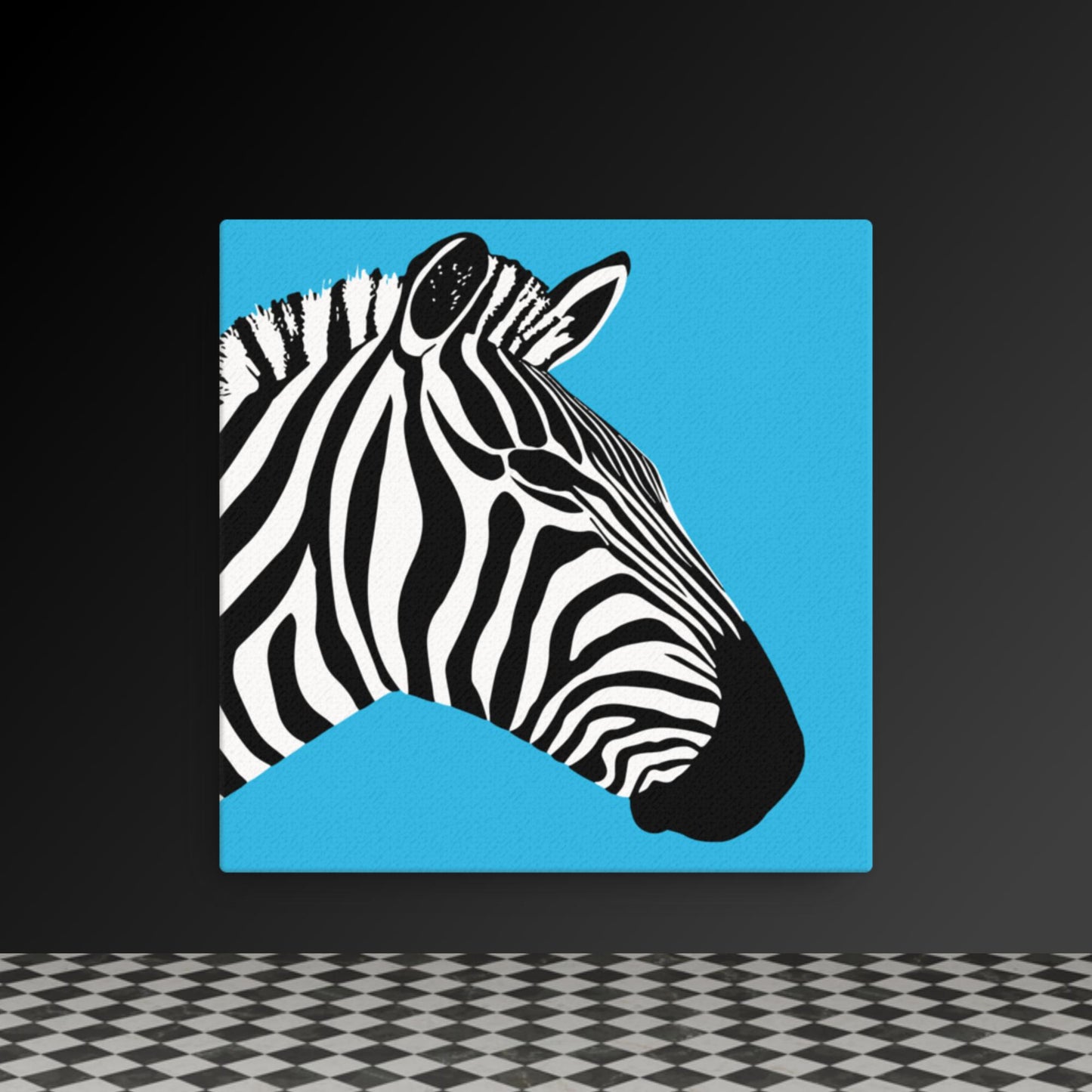 Bold Zebra Profile - Black & White Art on Vibrant Blue Canvas | Modern Wildlife Wall Art | Custom Sizes