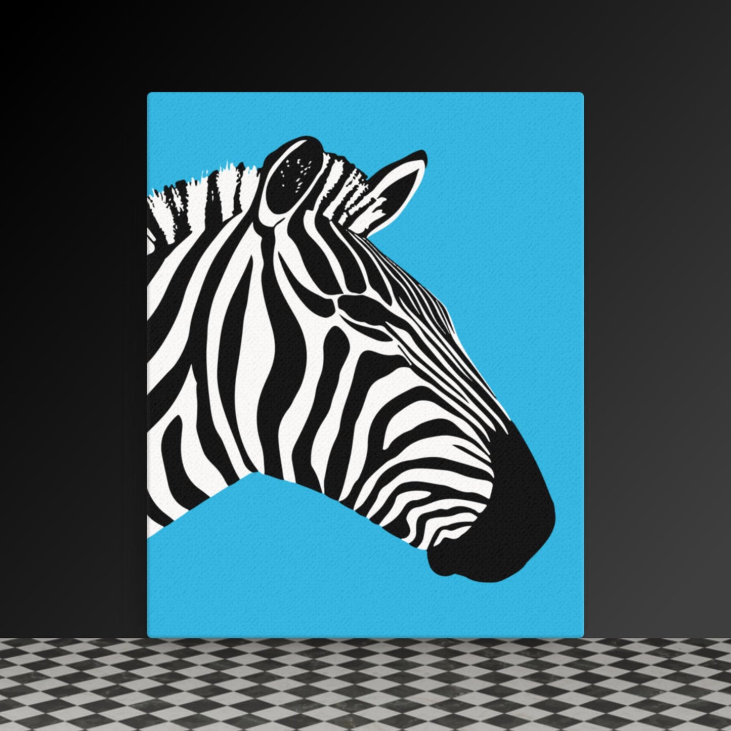 Bold Zebra Profile - Black & White Art on Vibrant Blue Canvas | Modern Wildlife Wall Art | Custom Sizes