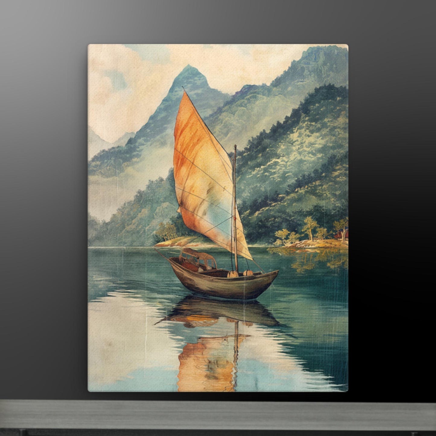 Tranquil Lake and Boat Canvas Art: Vintage Landscape in Custom Sizes