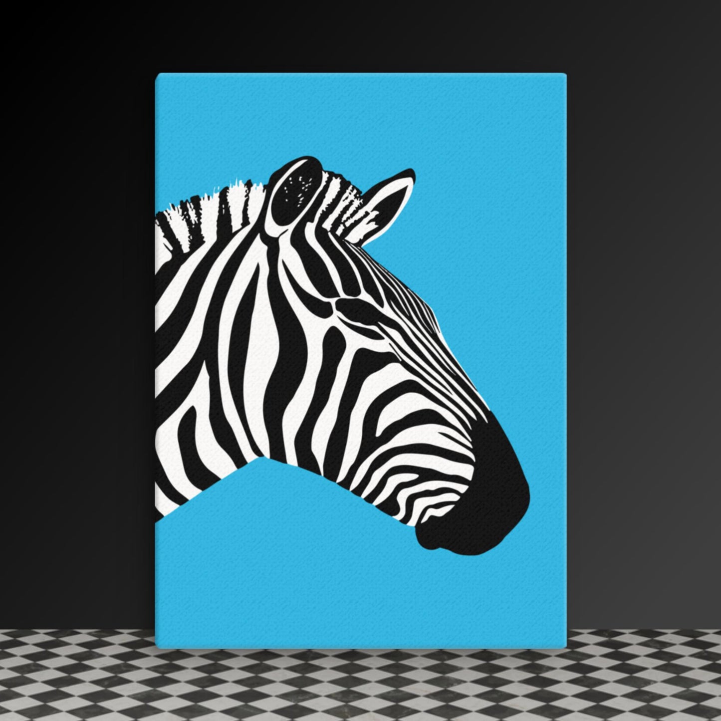 Bold Zebra Profile - Black & White Art on Vibrant Blue Canvas | Modern Wildlife Wall Art | Custom Sizes