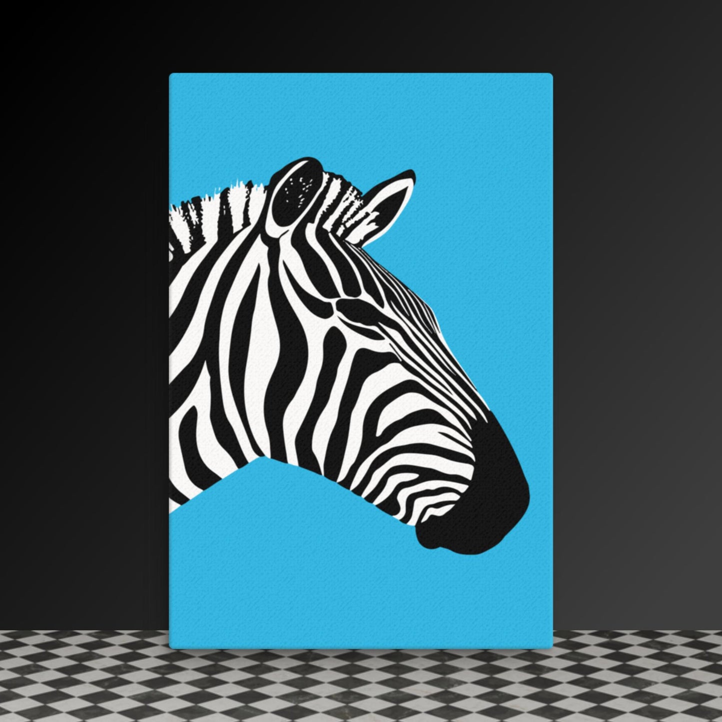 Bold Zebra Profile - Black & White Art on Vibrant Blue Canvas | Modern Wildlife Wall Art | Custom Sizes