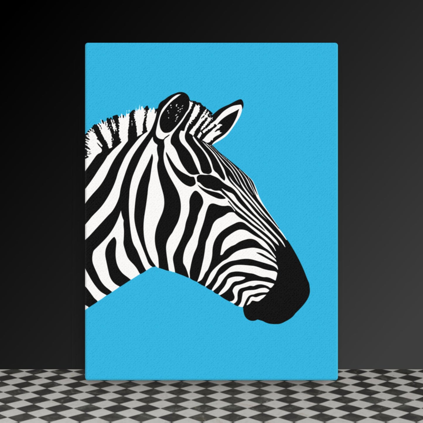 Bold Zebra Profile - Black & White Art on Vibrant Blue Canvas | Modern Wildlife Wall Art | Custom Sizes