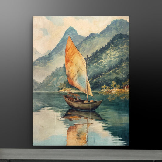 Tranquil Lake and Boat Canvas Art: Vintage Landscape in Custom Sizes