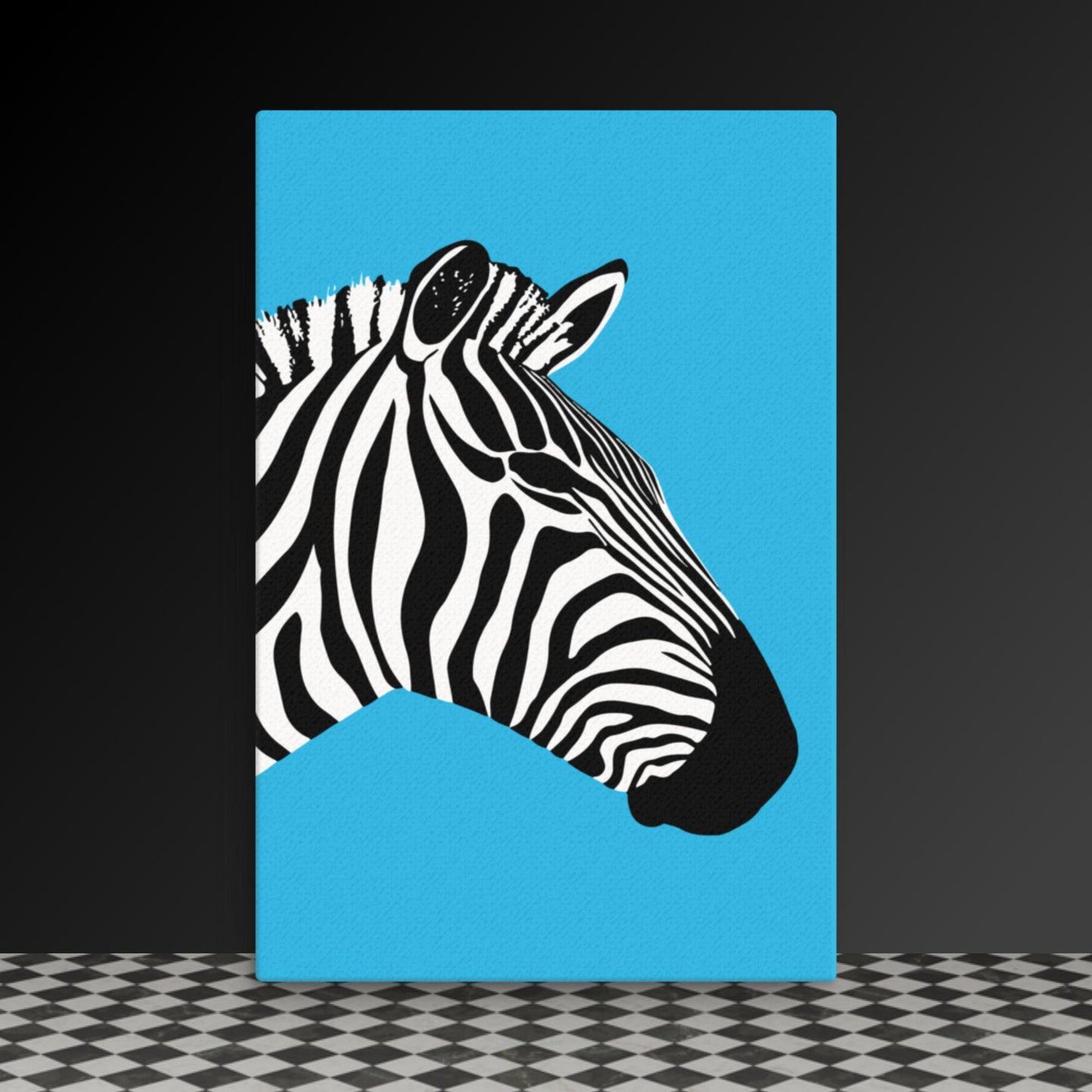 Bold Zebra Profile - Black & White Art on Vibrant Blue Canvas | Modern Wildlife Wall Art | Custom Sizes