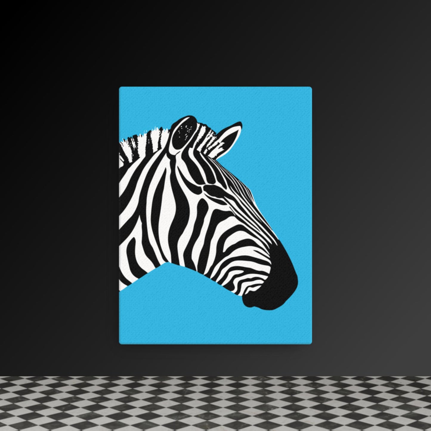 Bold Zebra Profile - Black & White Art on Vibrant Blue Canvas | Modern Wildlife Wall Art | Custom Sizes